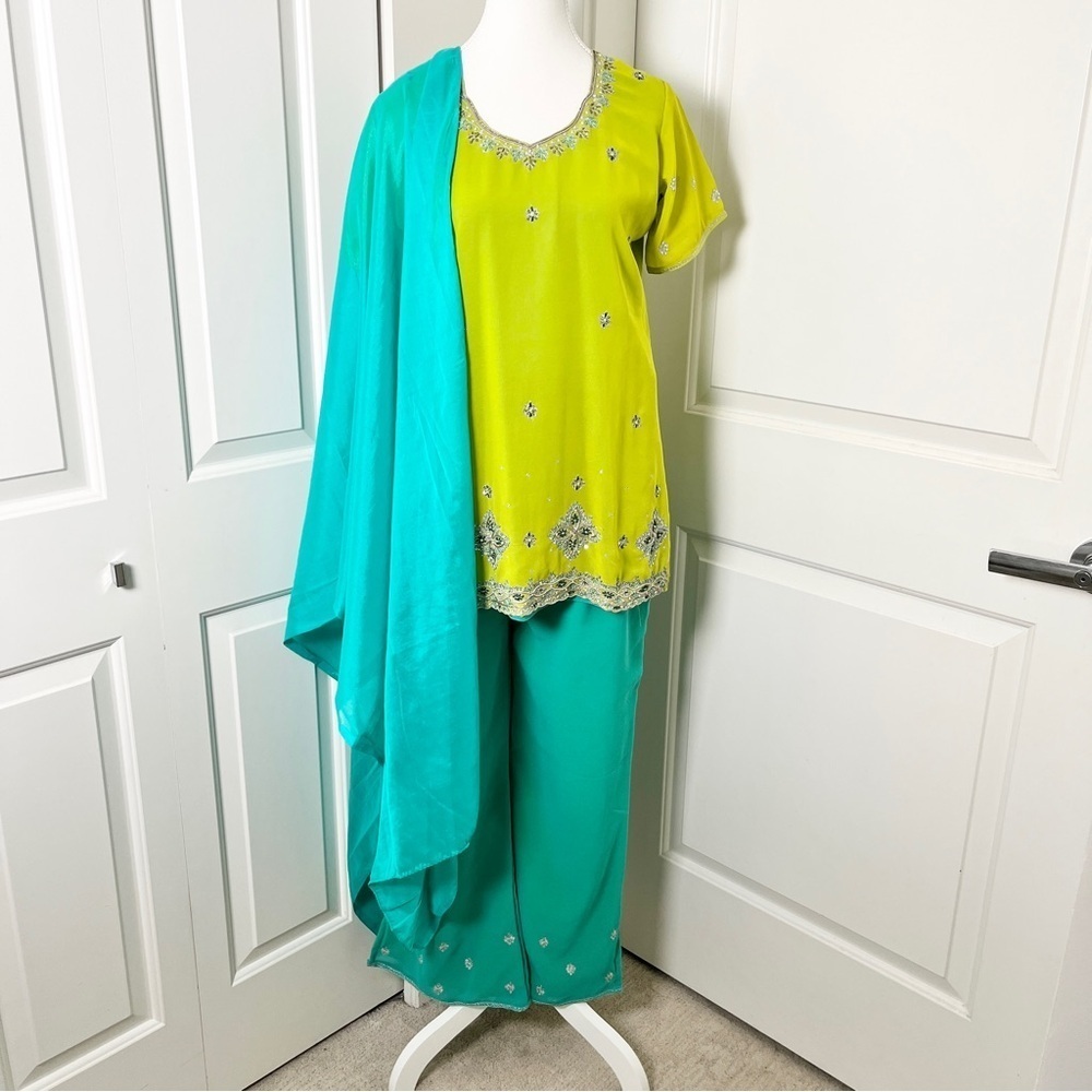 Lime Green & Aqua Indian Wedding Sari Set – 3-Piece Crystal Embellished Outfit
